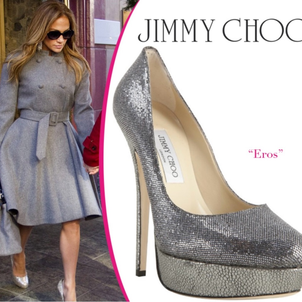 Jimmy Choo Eros Silver Metallic Sparkle Platform Pumps Heels EU 40 US si…